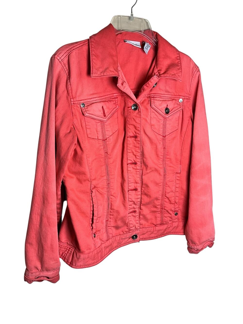 Chicos Platinum Jacket Womens O Red Denim Chest Flap Pockets Collar Button Front